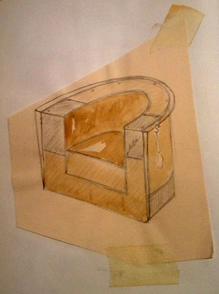 dessin préparatoire fauteuil club / cp - cuir - anneau métal